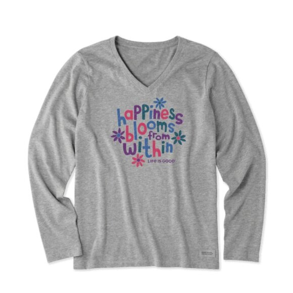 NWT Life is Good Long Sleeve Crusher Tee: Happiness Blooms From Within Sz. S - Picture 1 of 2